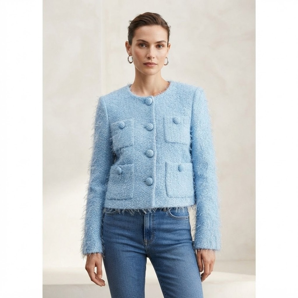 Mango Women's Size M Blue Metallic Tweed Fringe Trim Lined Jacket Blazer Coat
